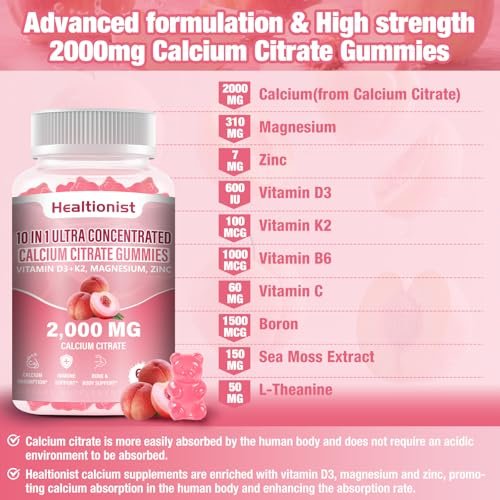 Healtionist Calcium Citrat mit Vitamin D3 K2 Gummis für Frauen & Männer – 2000 mg Calcium, Magnesium, Zink, 60 Stück Pfirsichgeschmack