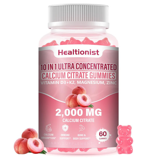 Healtionist Calcium Citrat mit Vitamin D3 K2 Gummis für Frauen & Männer – 2000 mg Calcium, Magnesium, Zink, 60 Stück Pfirsichgeschmack