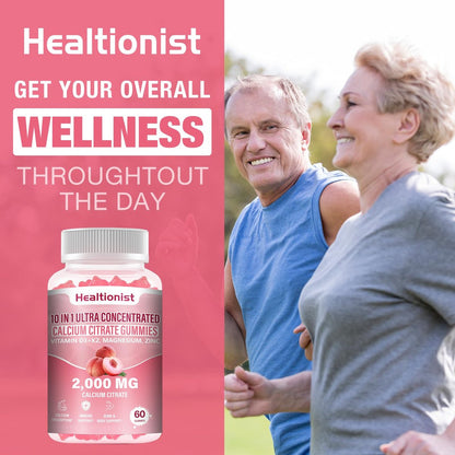 Healtionist Calcium Citrat mit Vitamin D3 K2 Gummis für Frauen & Männer – 2000 mg Calcium, Magnesium, Zink, 60 Stück Pfirsichgeschmack