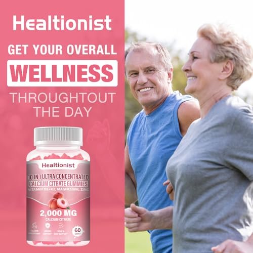 Healtionist Calcium Citrat mit Vitamin D3 K2 Gummis für Frauen & Männer – 2000 mg Calcium, Magnesium, Zink, 60 Stück Pfirsichgeschmack