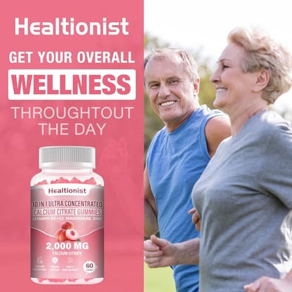Healtionist Calcium Citrat mit Vitamin D3 K2 Gummis für Frauen & Männer – 2000 mg Calcium, Magnesium, Zink, 60 Stück Pfirsichgeschmack