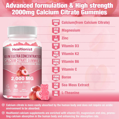 Healtionist Calcium Citrat mit Vitamin D3 K2 Gummis für Frauen & Männer – 2000 mg Calcium, Magnesium, Zink, 60 Stück Pfirsichgeschmack