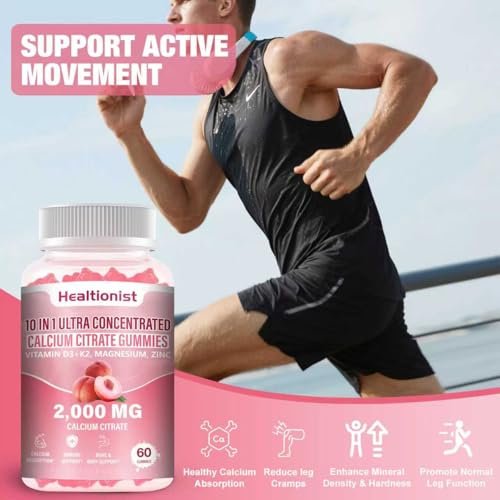 Healtionist Calcium Citrat mit Vitamin D3 K2 Gummis für Frauen & Männer – 2000 mg Calcium, Magnesium, Zink, 60 Stück Pfirsichgeschmack