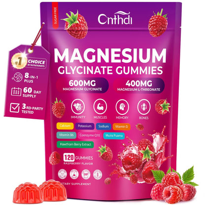 Magnesium Glycinat Gummies 600mg, 120 Stück – Zuckerfreie Magnesium Gummies für Erwachsene & Kinder mit L-Threonat, Calcium, Zink & Coenzym Q10, Kalium – für Schlaf, Gehirn, Muskeln & Entspannung