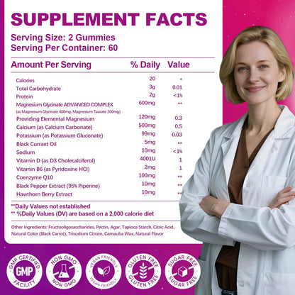 Magnesium Glycinat Gummies 600mg, 120 Stück – Zuckerfreie Magnesium Gummies für Erwachsene & Kinder mit L-Threonat, Calcium, Zink & Coenzym Q10, Kalium – für Schlaf, Gehirn, Muskeln & Entspannung