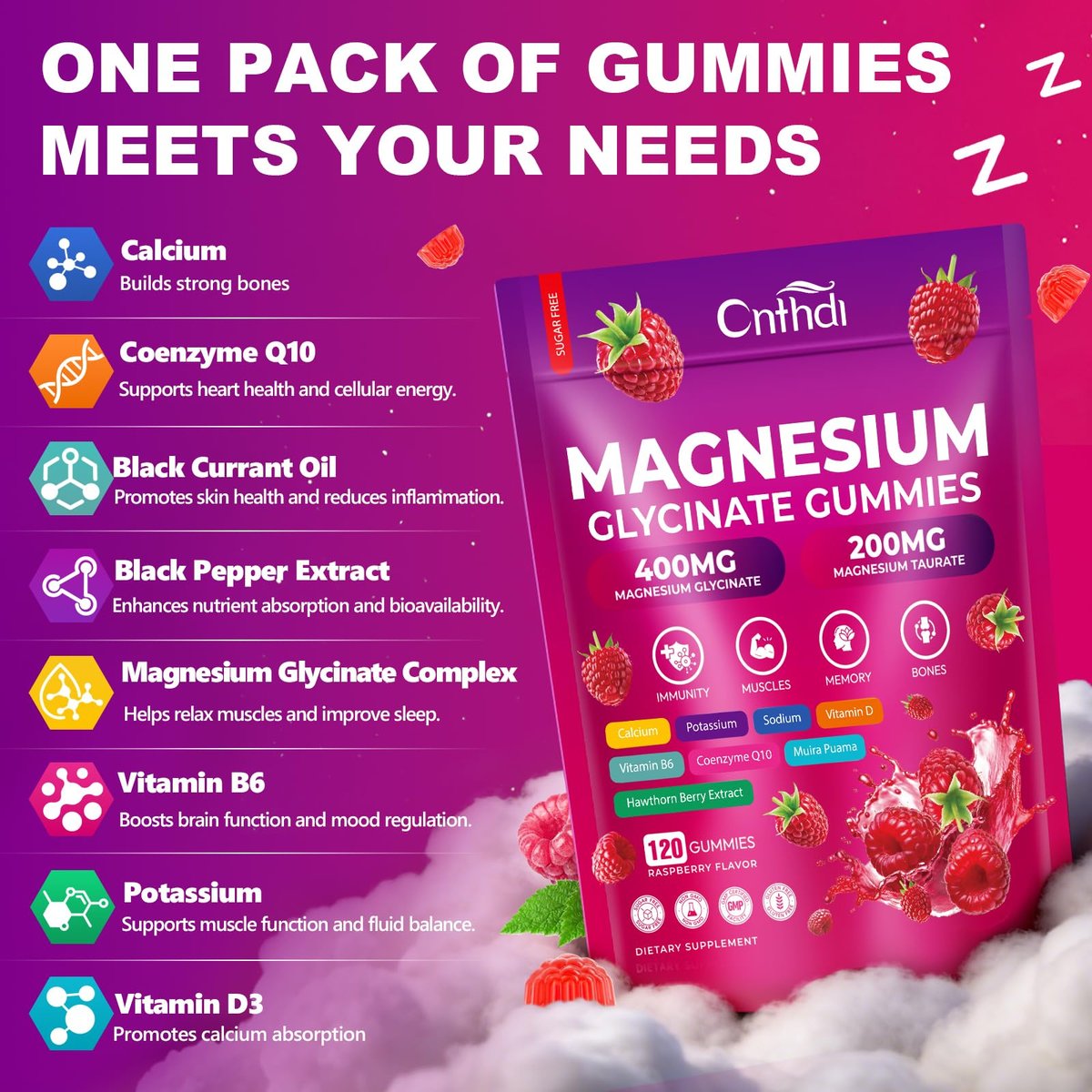 Magnesium Glycinat Gummies 600mg, 120 Stück – Zuckerfreie Magnesium Gummies für Erwachsene & Kinder mit L-Threonat, Calcium, Zink & Coenzym Q10, Kalium – für Schlaf, Gehirn, Muskeln & Entspannung