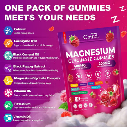 Magnesium Glycinat Gummies 600mg, 120 Stück – Zuckerfreie Magnesium Gummies für Erwachsene & Kinder mit L-Threonat, Calcium, Zink & Coenzym Q10, Kalium – für Schlaf, Gehirn, Muskeln & Entspannung
