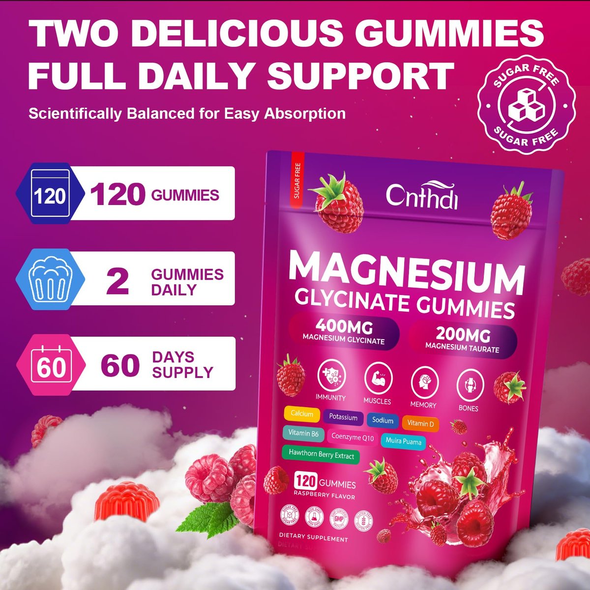 Magnesium Glycinat Gummies 600mg, 120 Stück – Zuckerfreie Magnesium Gummies für Erwachsene & Kinder mit L-Threonat, Calcium, Zink & Coenzym Q10, Kalium – für Schlaf, Gehirn, Muskeln & Entspannung