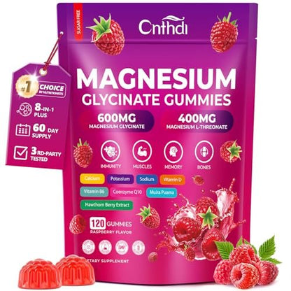 Magnesium Glycinat Gummies 600mg, 120 Stück – Zuckerfreie Magnesium Gummies für Erwachsene & Kinder mit L-Threonat, Calcium, Zink & Coenzym Q10, Kalium – für Schlaf, Gehirn, Muskeln & Entspannung