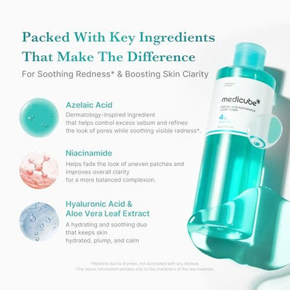 Medicube Azelaic Acid Niacinamide Klärendes Gesichtswasser | Für unreine Haut, ideal zur Reinigung & Beruhigung | 4% Azelainsäure & 2% Niacinamid | Beruhigendes tägliches Toner | Koreanische Hautpflege | 250 ml