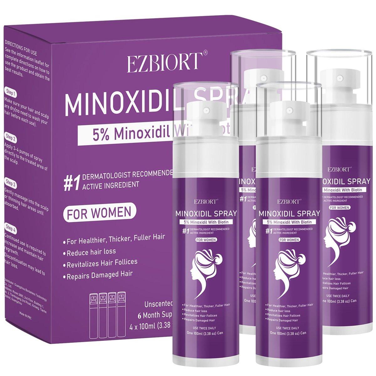 5% Minoxidil Spray für Frauen – 4er-Pack, mit Biotin angereichert, für dichteres und volleres Haar & Bart (13 Unzen, 7 Monate Vorrat)