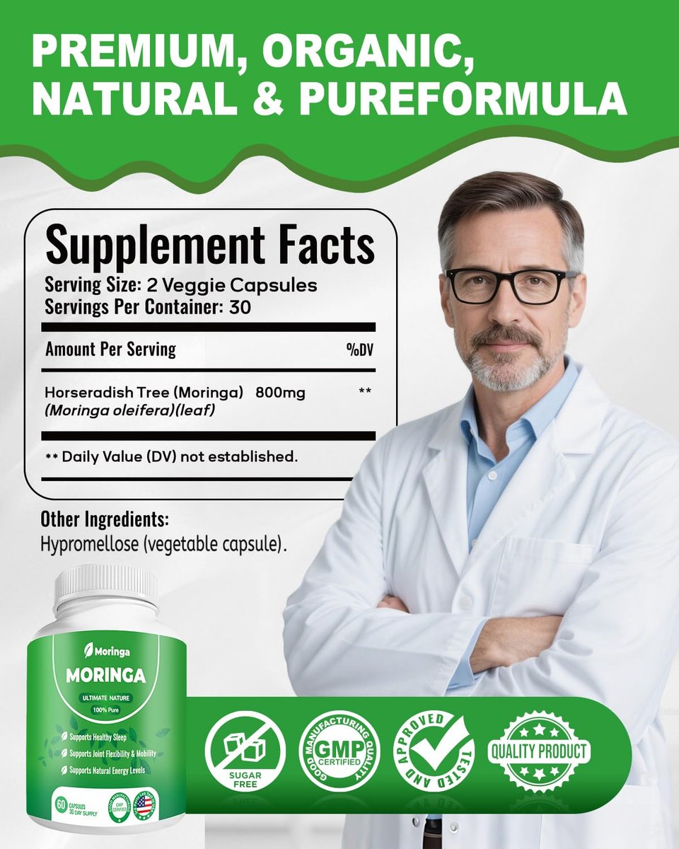 Moringa Kapseln – 800 mg reines Moringa-Pulver – 60 Kapseln für natürliche Energie, Immunsystem, Haut- & Darmgesundheit – Grünes Antioxidans-Superfood mit essentiellen Vitaminen & Aminosäuren