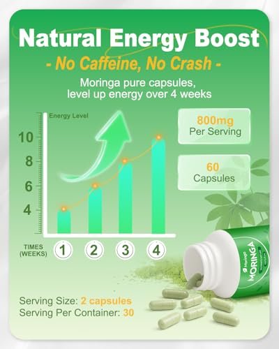 Moringa Kapseln – 800 mg reines Moringa-Pulver – 60 Kapseln für natürliche Energie, Immunsystem, Haut- & Darmgesundheit – Grünes Antioxidans-Superfood mit essentiellen Vitaminen & Aminosäuren