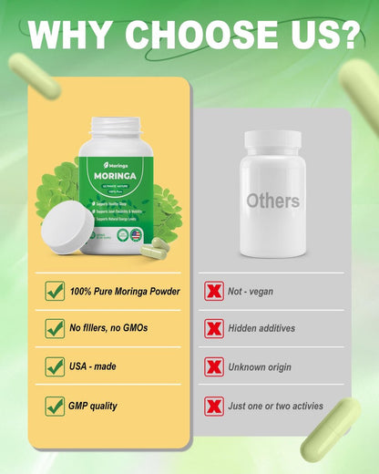 Moringa Kapseln – 800 mg reines Moringa-Pulver – 60 Kapseln für natürliche Energie, Immunsystem, Haut- & Darmgesundheit – Grünes Antioxidans-Superfood mit essentiellen Vitaminen & Aminosäuren