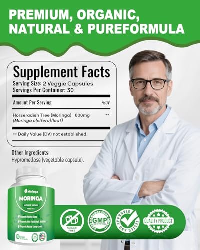 Moringa Kapseln – 800 mg reines Moringa-Pulver – 60 Kapseln für natürliche Energie, Immunsystem, Haut- & Darmgesundheit – Grünes Antioxidans-Superfood mit essentiellen Vitaminen & Aminosäuren