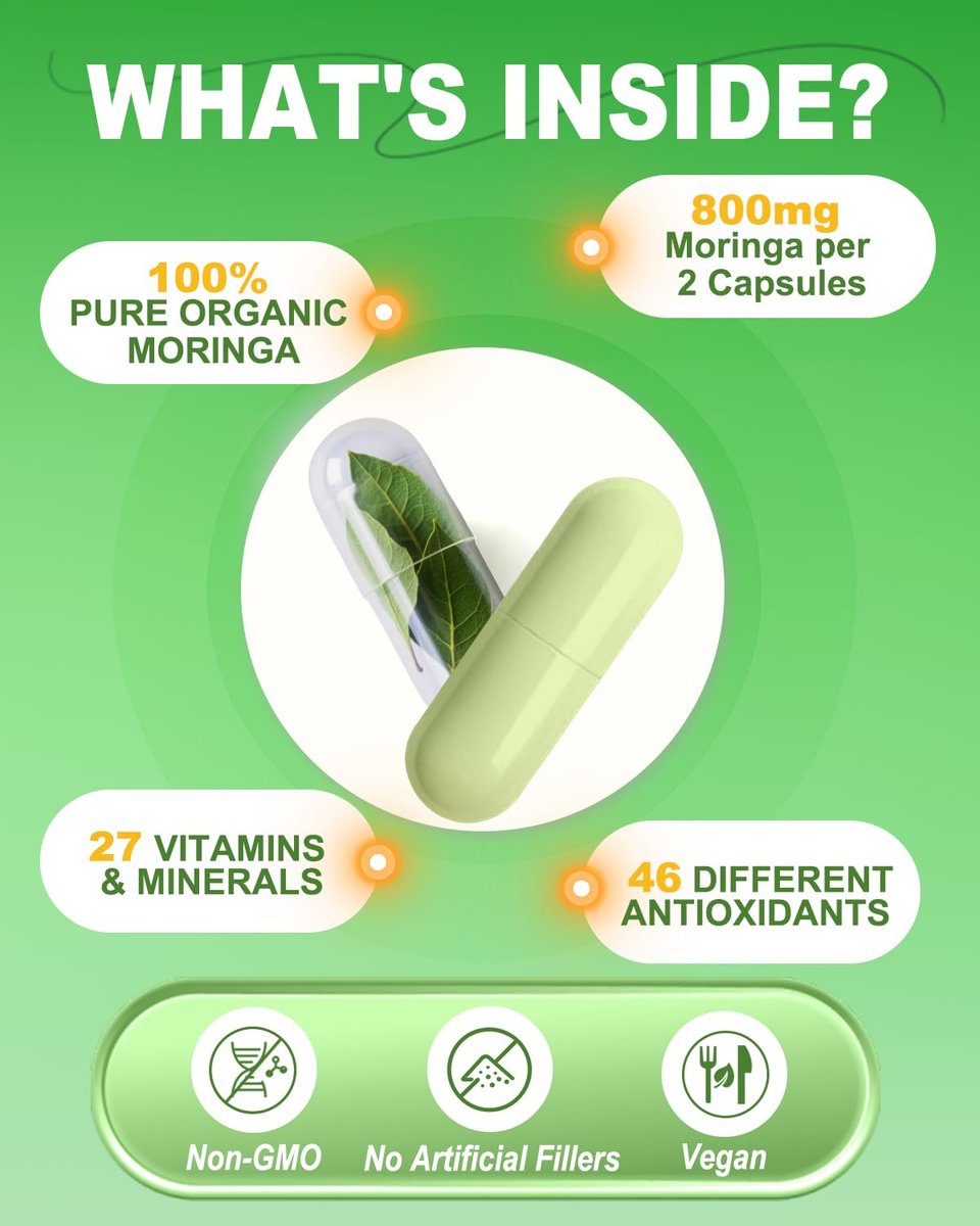 Moringa Kapseln – 800 mg reines Moringa-Pulver – 60 Kapseln für natürliche Energie, Immunsystem, Haut- & Darmgesundheit – Grünes Antioxidans-Superfood mit essentiellen Vitaminen & Aminosäuren