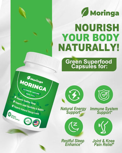 Moringa Kapseln – 800 mg reines Moringa-Pulver – 60 Kapseln für natürliche Energie, Immunsystem, Haut- & Darmgesundheit – Grünes Antioxidans-Superfood mit essentiellen Vitaminen & Aminosäuren