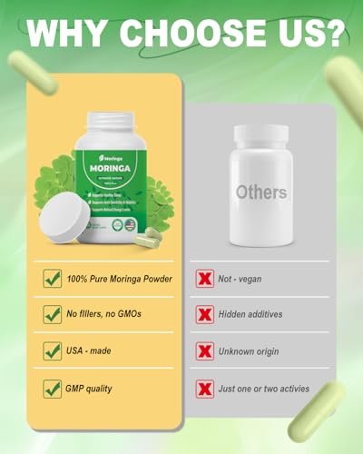 Moringa Kapseln – 800 mg reines Moringa-Pulver – 60 Kapseln für natürliche Energie, Immunsystem, Haut- & Darmgesundheit – Grünes Antioxidans-Superfood mit essentiellen Vitaminen & Aminosäuren
