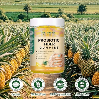 9-in-1 Probiotische Präbiotika Ballaststoff Gummis für Erwachsene & Jugendliche – Ballaststoffergänzung mit 5 Milliarden KBE Bacillus Coagulans, Flohsamenschalen, FOS, Inulin, ACV für Verdauung & Darm – 60 vegane Ananas-Gummis