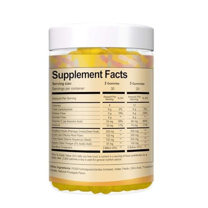 9-in-1 Probiotische Präbiotika Ballaststoff Gummis für Erwachsene & Jugendliche – Ballaststoffergänzung mit 5 Milliarden KBE Bacillus Coagulans, Flohsamenschalen, FOS, Inulin, ACV für Verdauung & Darm – 60 vegane Ananas-Gummis