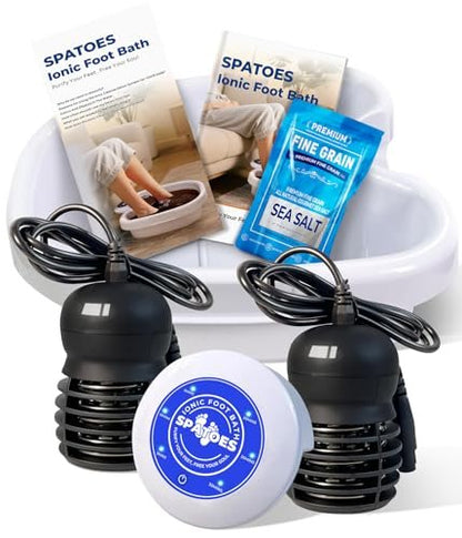 SPATOES Ionen Fußbad Entgiftungsgerät 3.0 – Fußbad zur Entgiftung zu Hause, Ionen-Fußbad-Reiniger zum Entfernen von Giftstoffen – 2 Arrays, 15 Einweg-Fußbad-Einlagen, Entgiftungs-Meersalz, verbessertes langlebiges Becken