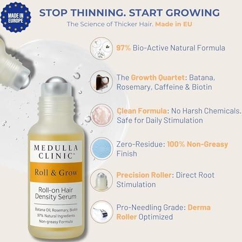 Medulla Clinic Haarwuchs Serum Roll-On – 5% Rosmarin, 3% Protein & 2% Koffein – Batana-Öl & Biotin für Kopfhaut & Haarverdickung – Gezielte, nicht fettende Behandlung – 30 ml
