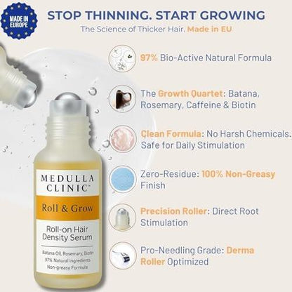 Medulla Clinic Haarwuchs Serum Roll-On – 5% Rosmarin, 3% Protein & 2% Koffein – Batana-Öl & Biotin für Kopfhaut & Haarverdickung – Gezielte, nicht fettende Behandlung – 30 ml
