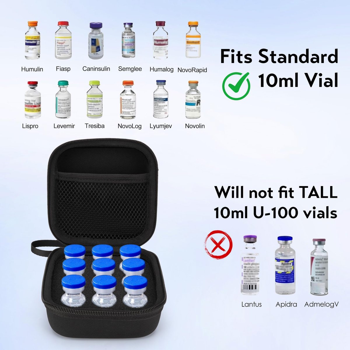 SMYV Insulin-Vial-Aufbewahrungsetui für Kühlschrank, Peptid-Etui passend für Standard 10ml U-100 Vials, 9 Fächer, Schwarz