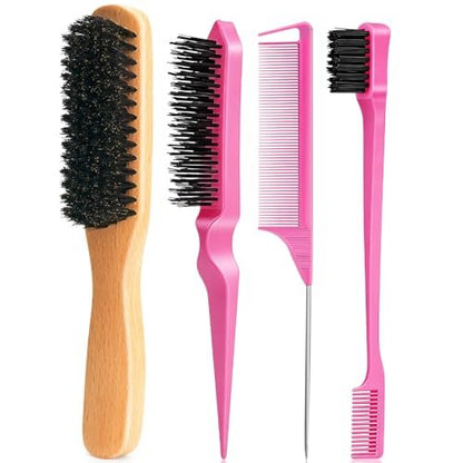 Boar Bristle Slick Back Hair Brush – Glatte Flyaways, Frizz, Sleeker Pferdeschwanz, Dutt & Babyhaare – Kamm für Mädchen, Kinder, Frauen & Männer