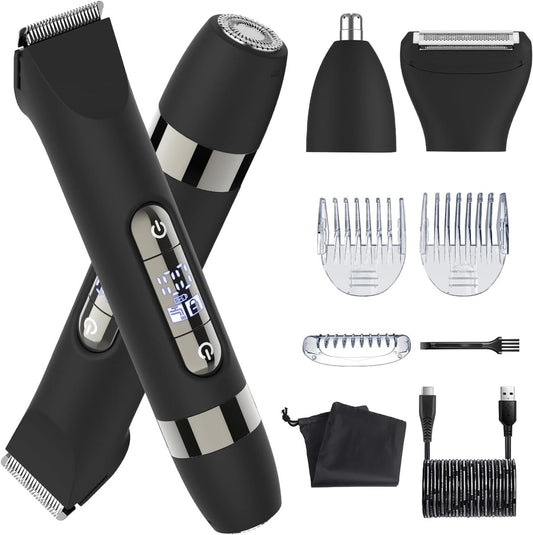Hatteker 4-in-1 Multifunktionaler Dual-Head Körperhaartrimmer für Männer, IPX7 wasserdichter Groin & Body Hair Groomer, wiederaufladbarer elektrischer Rasierer