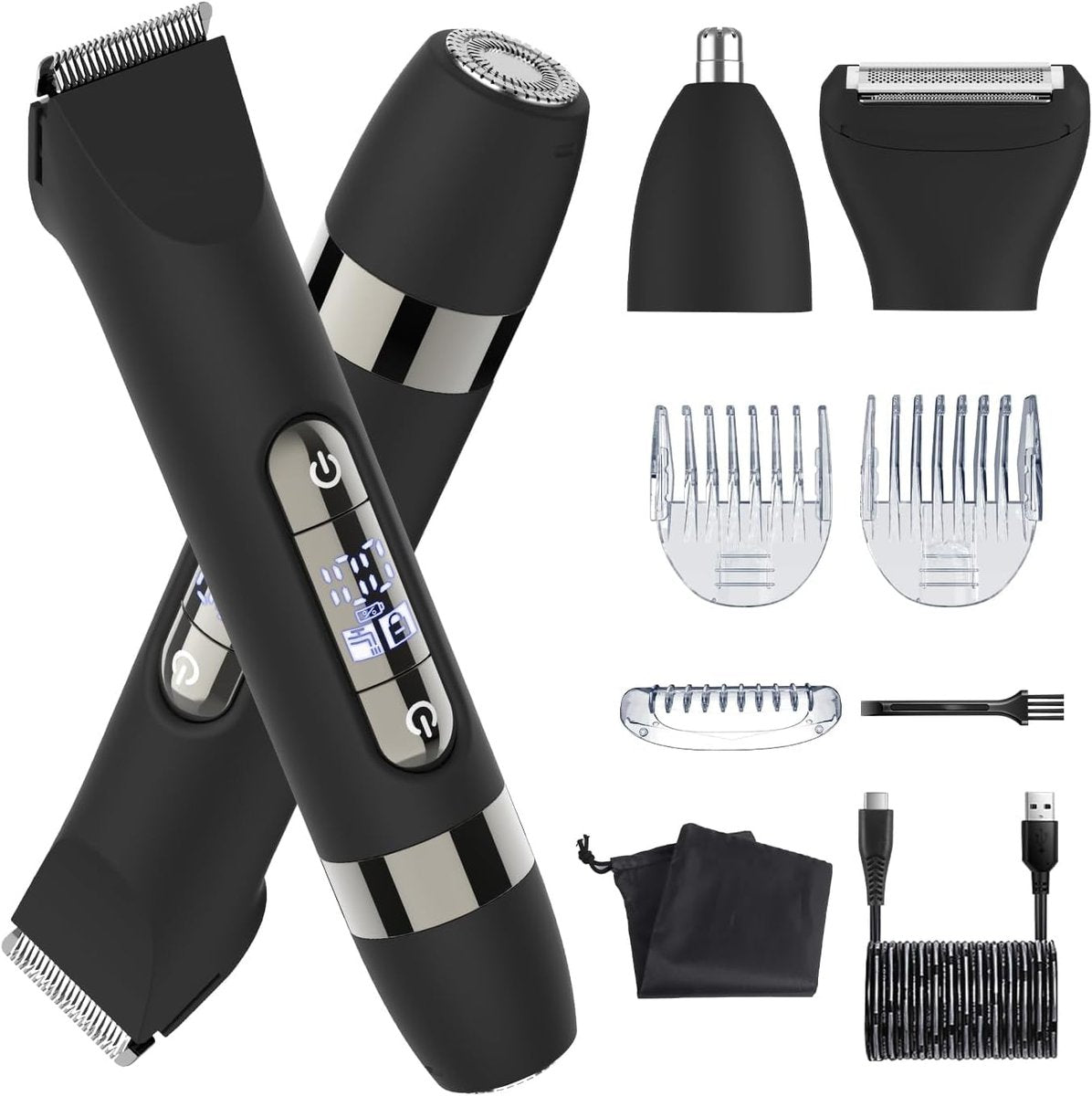 Hatteker 4-in-1 Multifunktionaler Dual-Head Körperhaartrimmer für Männer, IPX7 wasserdichter Groin & Body Hair Groomer, wiederaufladbarer elektrischer Rasierer