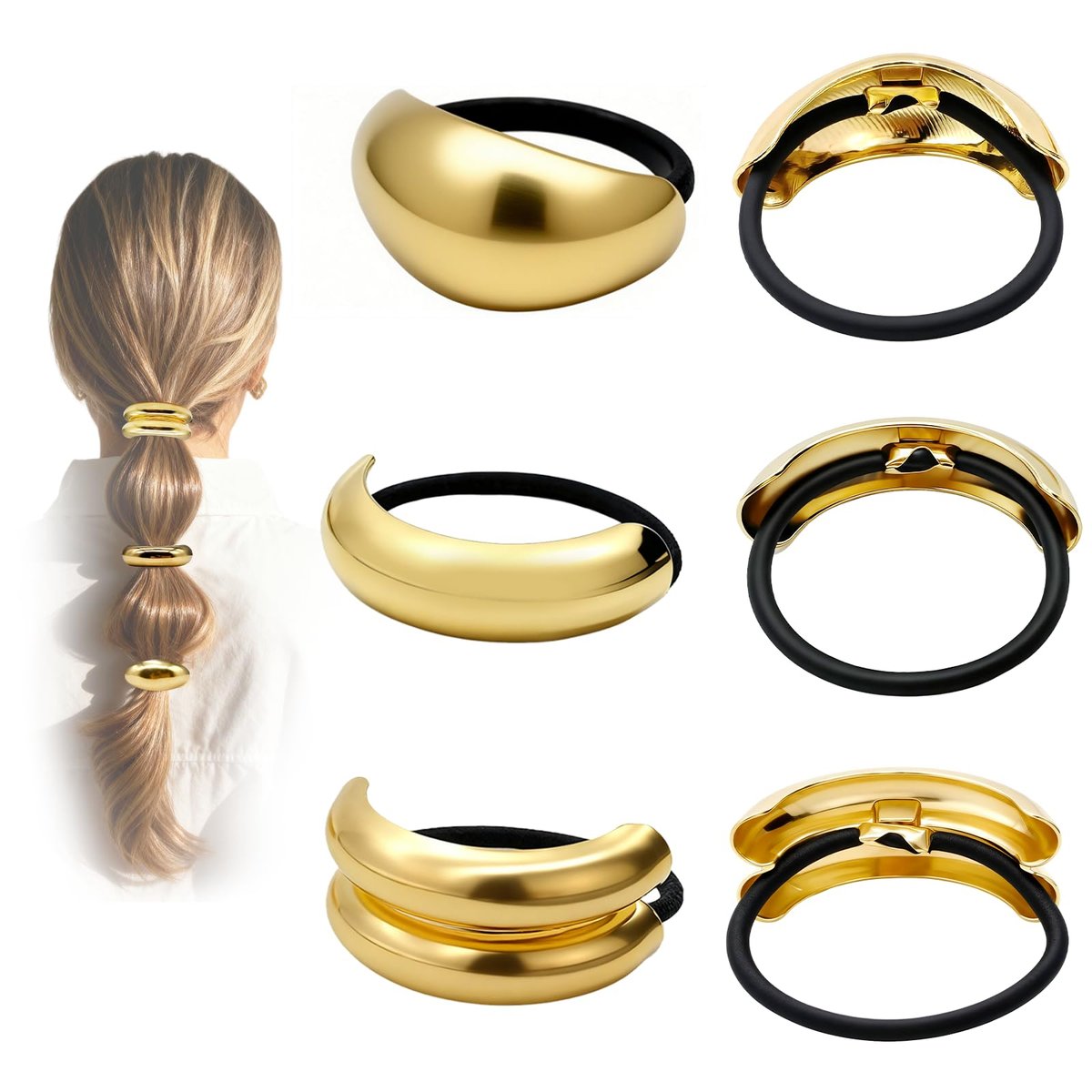 OHCISP 6 Stück Goldene Haargummis - 3 Stile Haarschmuck für Frauen & Mädchen, Elegante Chic Metall Haar Cuff Nicht-Schädigende Ponytail Cuffs Halter für Dickes Haar