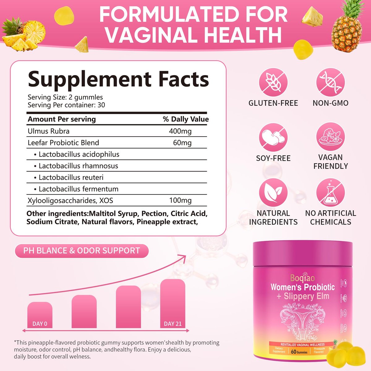 Feminine Probiotische Gummis mit Ulmenrinde – 60 Ananas-Gummis für Frauen, pH-Balance, Vaginalflora, Darmgesundheit & Immunsystem, Präbiotika & Lactobacillus-Mischung (Ananas)
