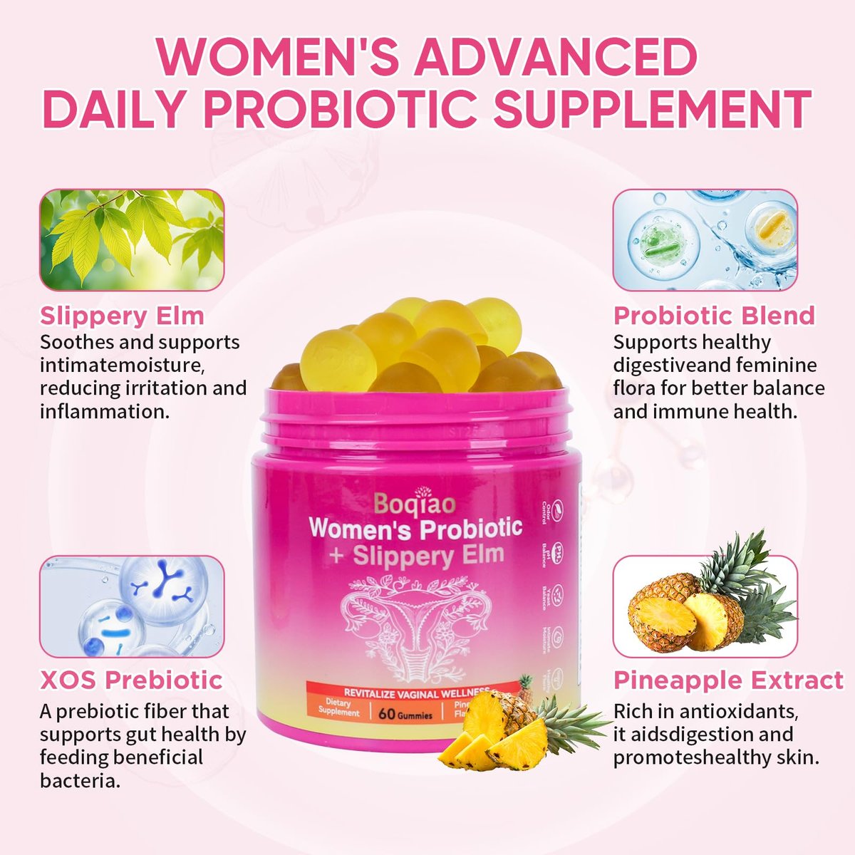 Feminine Probiotische Gummis mit Ulmenrinde – 60 Ananas-Gummis für Frauen, pH-Balance, Vaginalflora, Darmgesundheit & Immunsystem, Präbiotika & Lactobacillus-Mischung (Ananas)