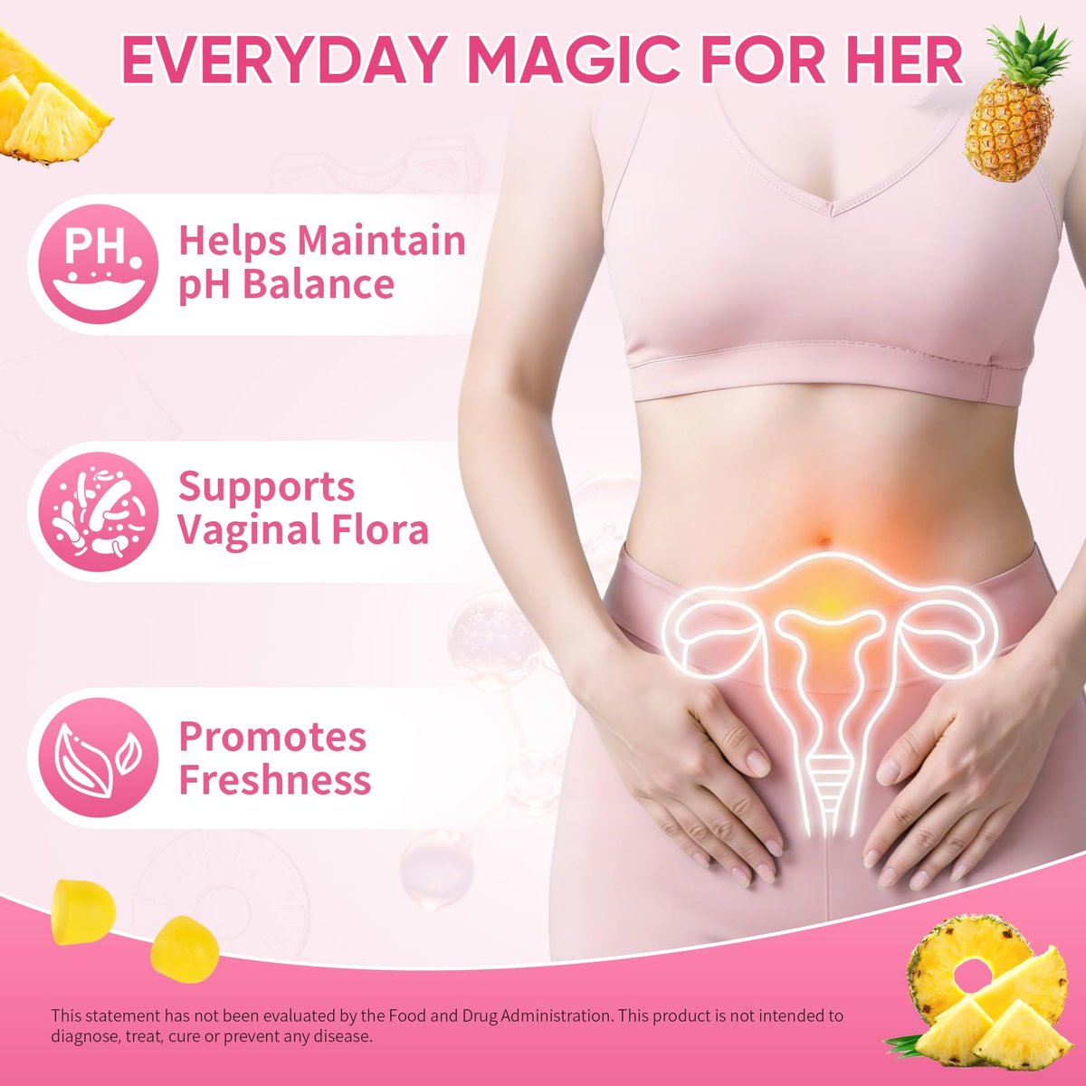 Feminine Probiotische Gummis mit Ulmenrinde – 60 Ananas-Gummis für Frauen, pH-Balance, Vaginalflora, Darmgesundheit & Immunsystem, Präbiotika & Lactobacillus-Mischung (Ananas)