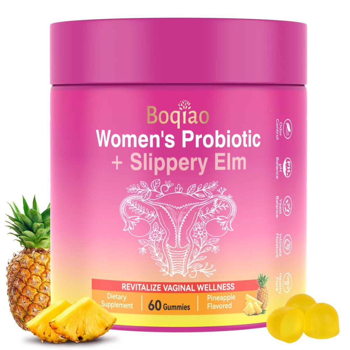 Feminine Probiotische Gummis mit Ulmenrinde – 60 Ananas-Gummis für Frauen, pH-Balance, Vaginalflora, Darmgesundheit & Immunsystem, Präbiotika & Lactobacillus-Mischung (Ananas)