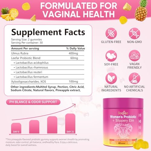 Feminine Probiotische Gummis mit Ulmenrinde – 60 Ananas-Gummis für Frauen, pH-Balance, Vaginalflora, Darmgesundheit & Immunsystem, Präbiotika & Lactobacillus-Mischung (Ananas)