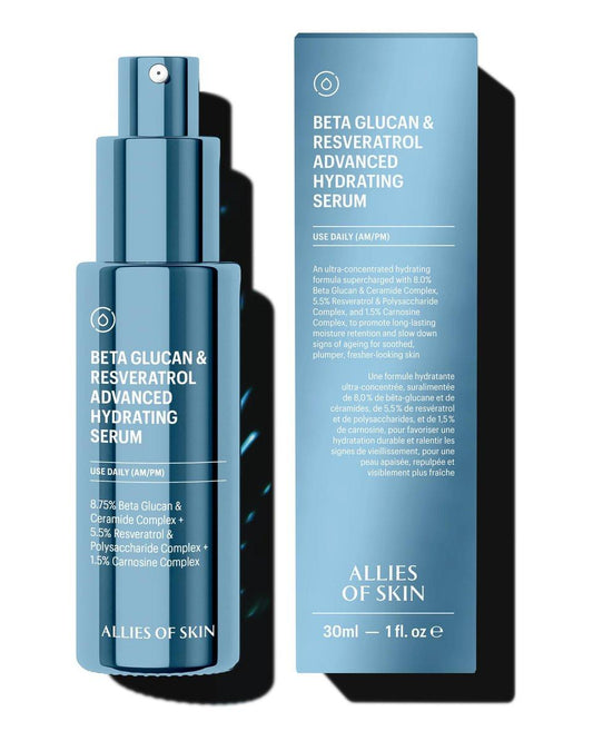 Allies of Skin Beta Glucan & Resveratrol Advanced Hydrating Serum – Feuchtigkeitsspendendes Gesichtsserum mit Ceramiden, Peptiden und Hyaluronsäure für empfindliche, trockene und dehydrierte Haut (30 ml)