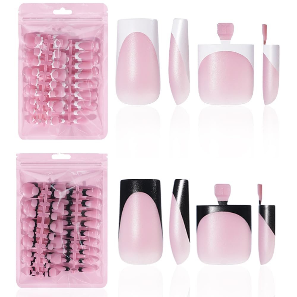 HWHUNO 4 Designs French Soft Gel Zehennagelspitzen Set, 120 Stück Weiß Pink Schwarz Full Cover Square Tip Aufklebenägel & Breitere Zehennägel für Frauen Home DIY Salon 15 Größen