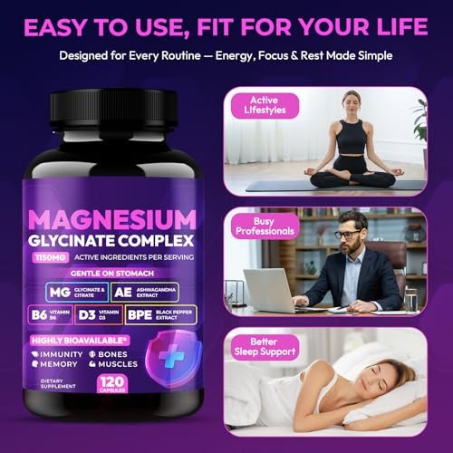 Magnesiumglycinat-Komplex 1150 mg – Magenfreundliche Kapseln mit hoher Absorption, Citrat, Kieselerde, Ashwagandha & Vitamin B6 für besseren Schlaf, Stressabbau & Muskelunterstützung für Erwachsene, Frauen & Männer