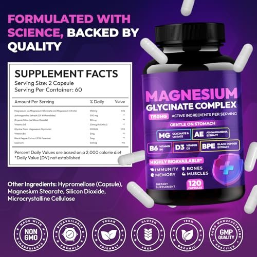Magnesiumglycinat-Komplex 1150 mg – Magenfreundliche Kapseln mit hoher Absorption, Citrat, Kieselerde, Ashwagandha & Vitamin B6 für besseren Schlaf, Stressabbau & Muskelunterstützung für Erwachsene, Frauen & Männer