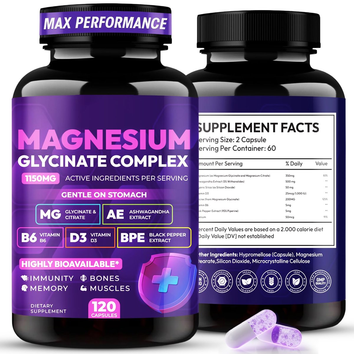 Magnesiumglycinat-Komplex 1150 mg – Magenfreundliche Kapseln mit hoher Absorption, Citrat, Kieselerde, Ashwagandha & Vitamin B6 für besseren Schlaf, Stressabbau & Muskelunterstützung für Erwachsene, Frauen & Männer