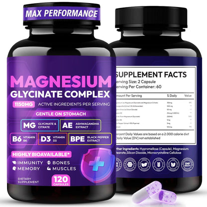 Magnesiumglycinat-Komplex 1150 mg – Magenfreundliche Kapseln mit hoher Absorption, Citrat, Kieselerde, Ashwagandha & Vitamin B6 für besseren Schlaf, Stressabbau & Muskelunterstützung für Erwachsene, Frauen & Männer
