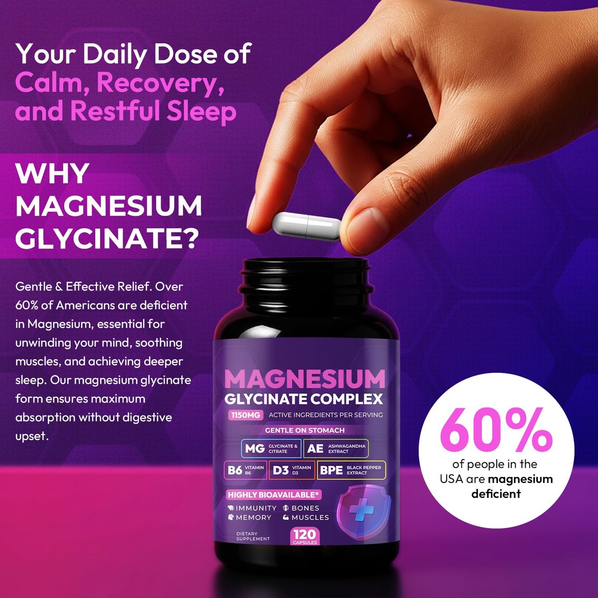Magnesiumglycinat-Komplex 1150 mg – Magenfreundliche Kapseln mit hoher Absorption, Citrat, Kieselerde, Ashwagandha & Vitamin B6 für besseren Schlaf, Stressabbau & Muskelunterstützung für Erwachsene, Frauen & Männer