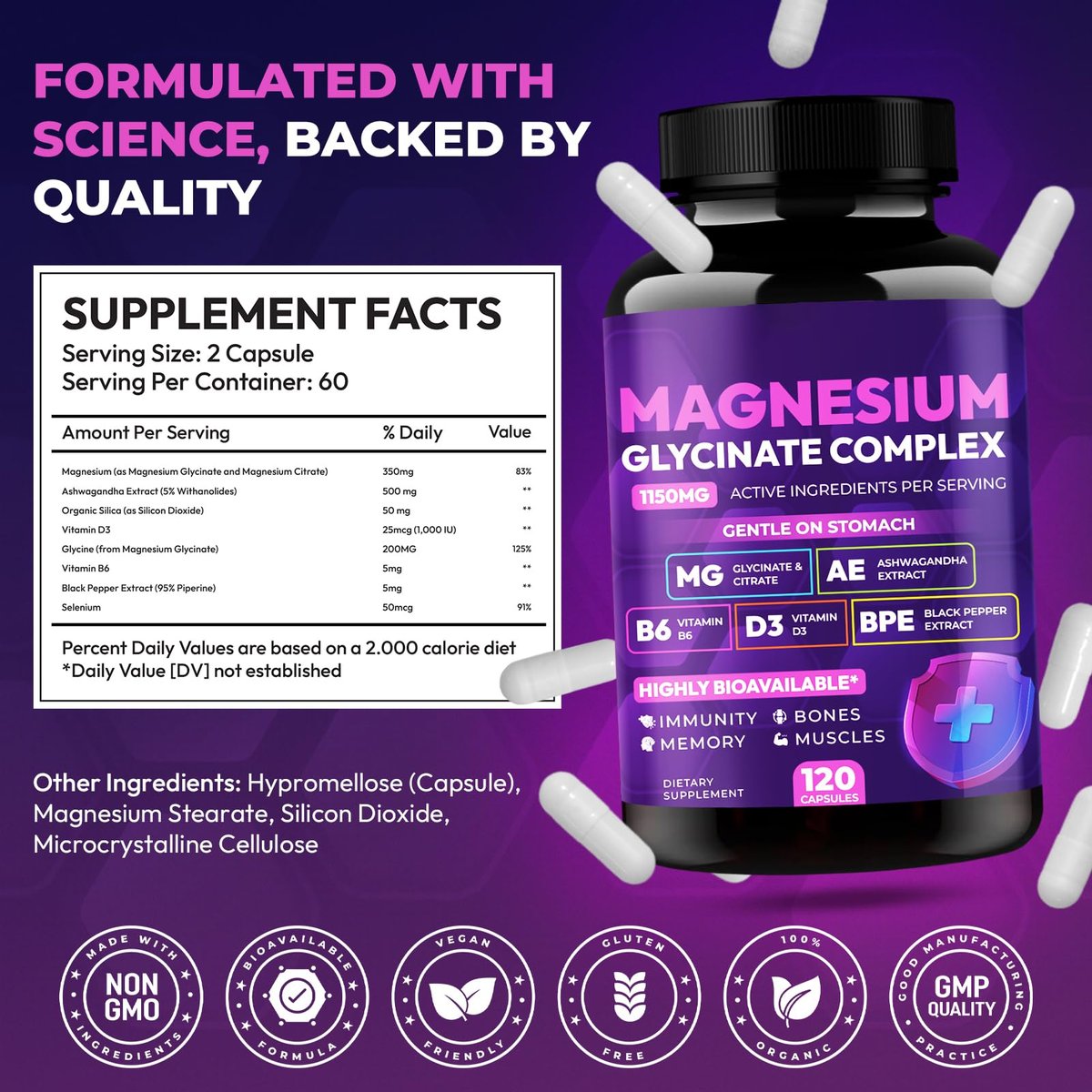 Magnesiumglycinat-Komplex 1150 mg – Magenfreundliche Kapseln mit hoher Absorption, Citrat, Kieselerde, Ashwagandha & Vitamin B6 für besseren Schlaf, Stressabbau & Muskelunterstützung für Erwachsene, Frauen & Männer