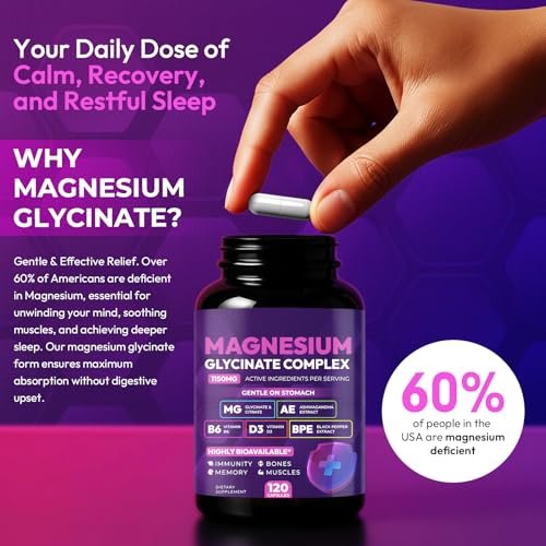 Magnesiumglycinat-Komplex 1150 mg – Magenfreundliche Kapseln mit hoher Absorption, Citrat, Kieselerde, Ashwagandha & Vitamin B6 für besseren Schlaf, Stressabbau & Muskelunterstützung für Erwachsene, Frauen & Männer