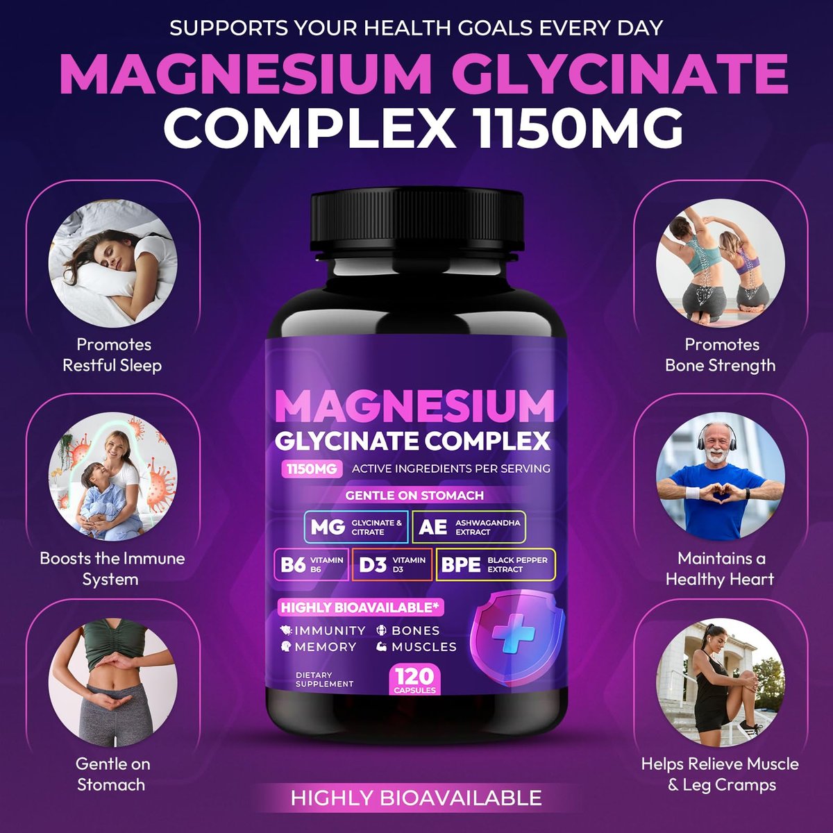 Magnesiumglycinat-Komplex 1150 mg – Magenfreundliche Kapseln mit hoher Absorption, Citrat, Kieselerde, Ashwagandha & Vitamin B6 für besseren Schlaf, Stressabbau & Muskelunterstützung für Erwachsene, Frauen & Männer