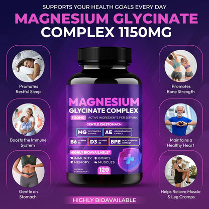 Magnesiumglycinat-Komplex 1150 mg – Magenfreundliche Kapseln mit hoher Absorption, Citrat, Kieselerde, Ashwagandha & Vitamin B6 für besseren Schlaf, Stressabbau & Muskelunterstützung für Erwachsene, Frauen & Männer