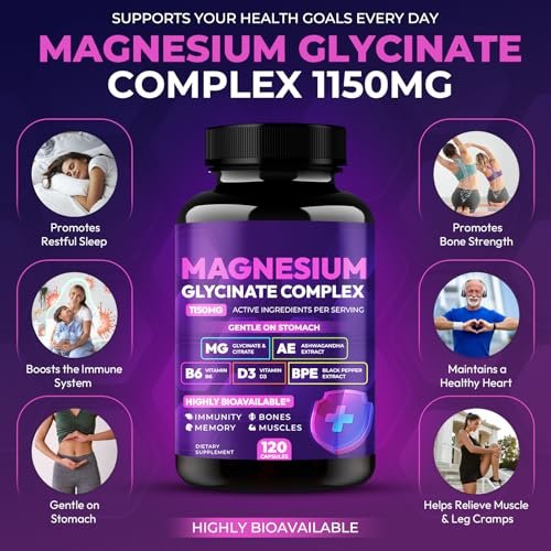 Magnesiumglycinat-Komplex 1150 mg – Magenfreundliche Kapseln mit hoher Absorption, Citrat, Kieselerde, Ashwagandha & Vitamin B6 für besseren Schlaf, Stressabbau & Muskelunterstützung für Erwachsene, Frauen & Männer