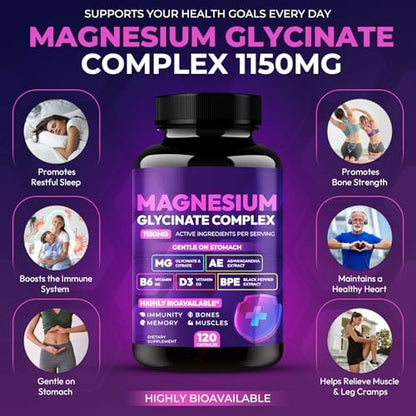 Magnesiumglycinat-Komplex 1150 mg – Magenfreundliche Kapseln mit hoher Absorption, Citrat, Kieselerde, Ashwagandha & Vitamin B6 für besseren Schlaf, Stressabbau & Muskelunterstützung für Erwachsene, Frauen & Männer